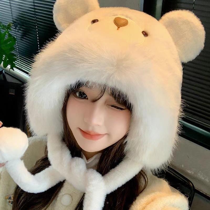 Plush Bear Hat Gloves Women's Autumn and Winter Plush Thickened Thermal Ear Protection Pullover Hat Cute Lei Feng Hat Cycling