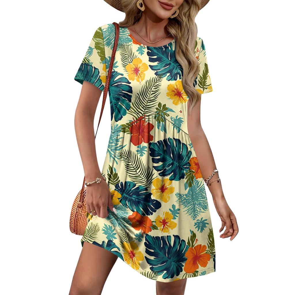 Women’s Short Sleeve Crew Neck Casual Dress with Tropical Tree Print Relaxed Fit Soft Fabric Summer Wear