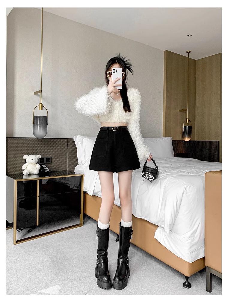 2024 Podzim/Zima Dámské vlněné šortky s vysokým pasem a širokými nohavicemi - Stylové ležérní módní šortky