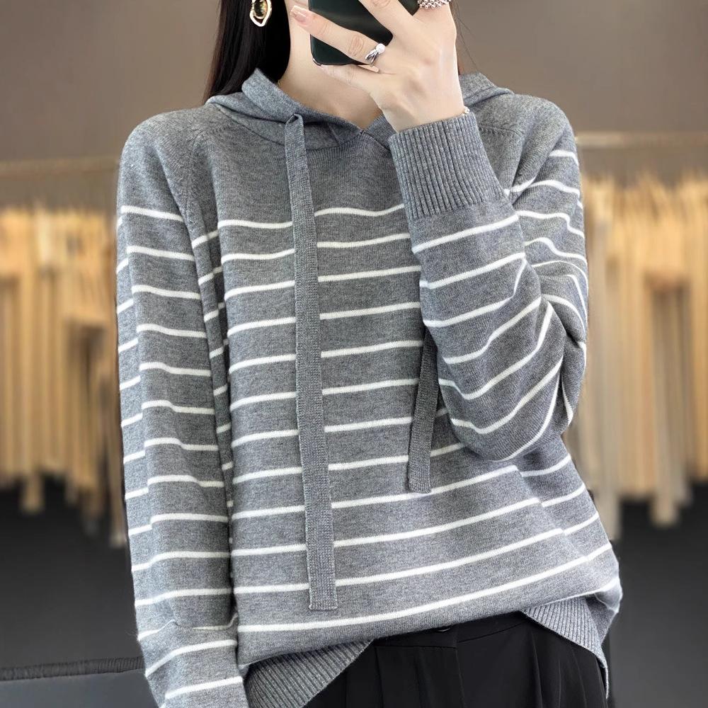 DAFIFY Women's Fashion Casual Fall Winter Stripe Print Long Sleeve Hooded Sweaters