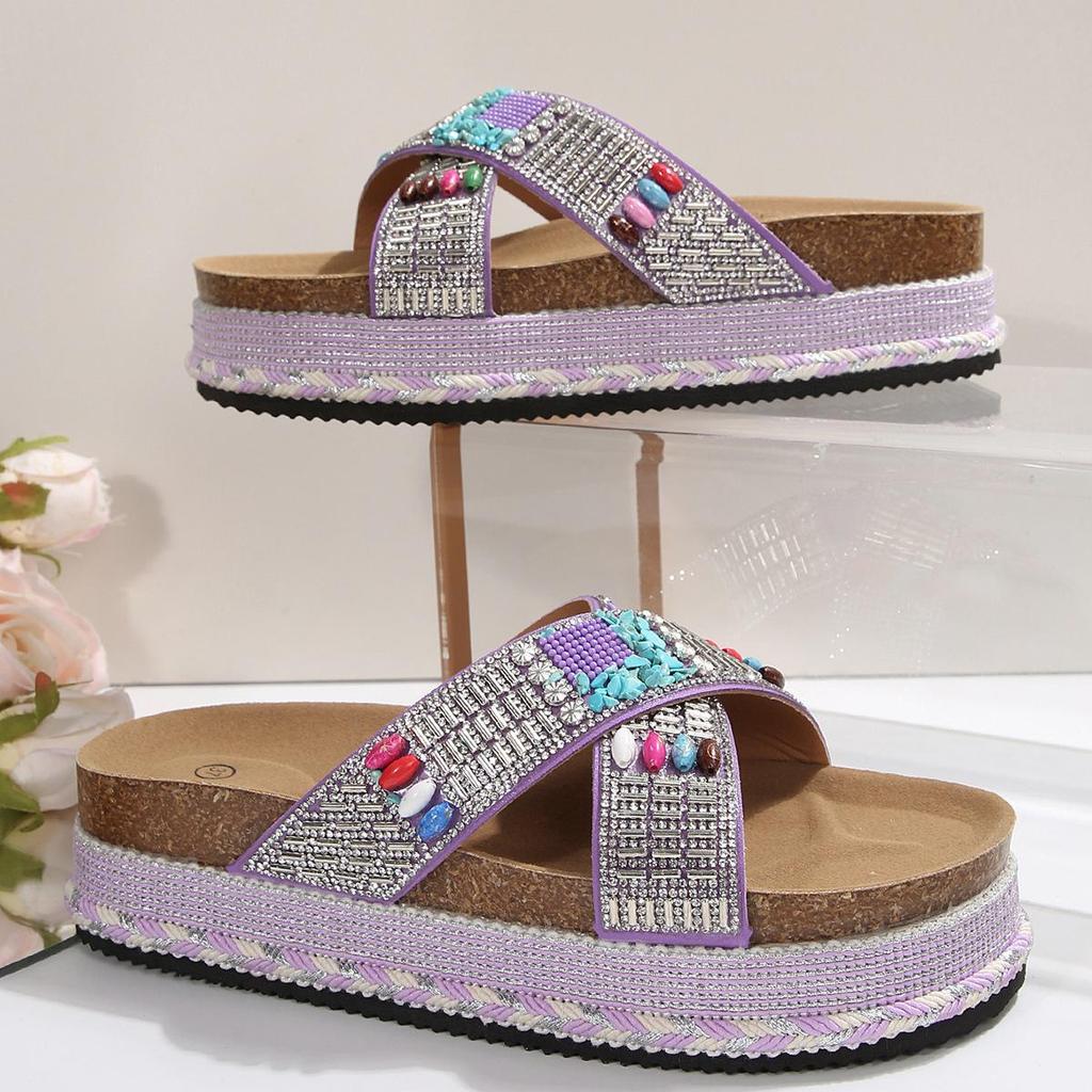 2026 Summer Plus-Size Colorful Rhinestone Wedge Flip-Flops for Women