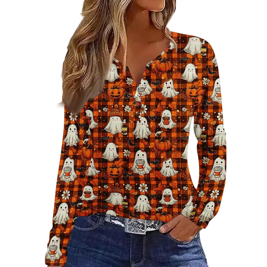 Haut T-shirt Décontracté Mode Femme Imprimé Halloween Col en V Bouton Bordure Manches Longues