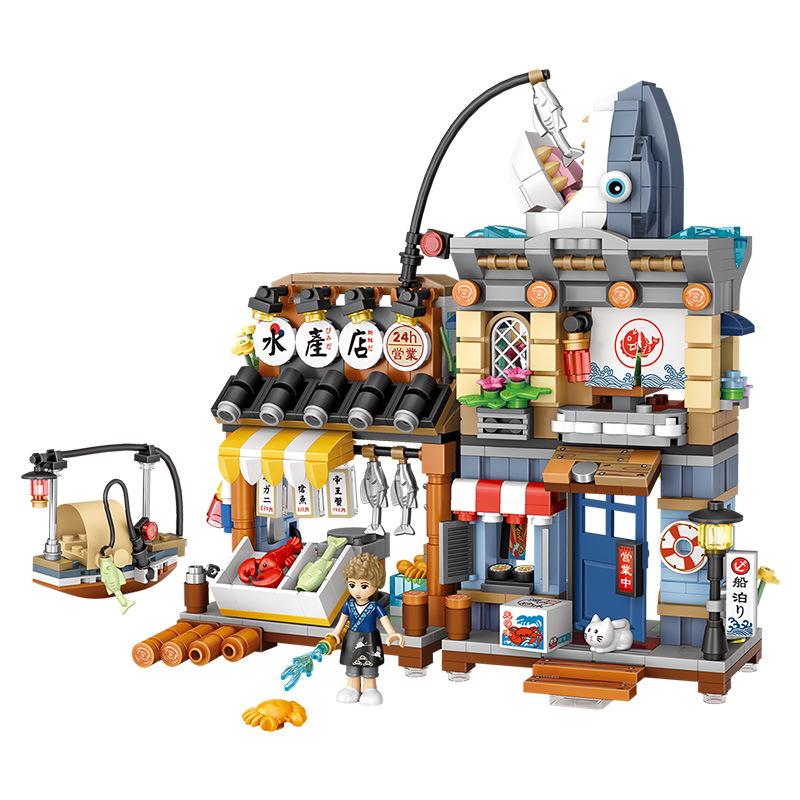 Japanese Mini Block Street View Folding Food Street Octopus Barbecue Ice Shop Assembly Building Block Toys Christmas Gift