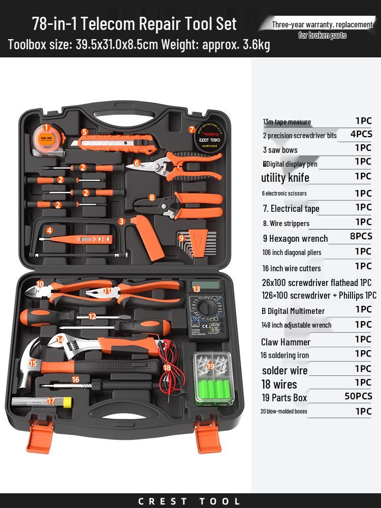 Household Repair Tool Set - Includes Pliers, Hammer, Wrench, and Combination Box