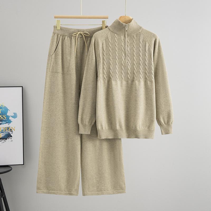 Autumn and Winter Semi-zipper Solid Color Sweater Knitted Femininity Versatile Sweater Wide-leg Pants Set