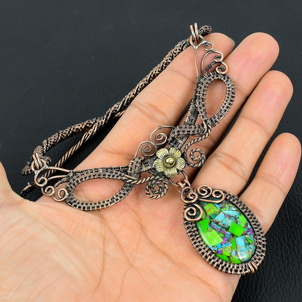 Kingman Fiesta Turquoise Handmade Gemstone Necklace, 999 Copper Wire Wrapped Necklace Antique Jewelry, For Engagement Gift