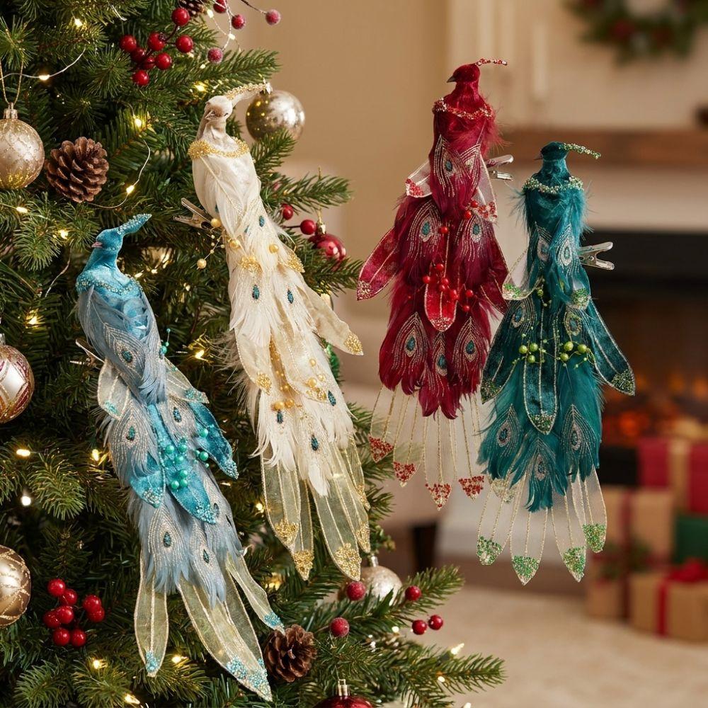 Feather Birds Christmas Peacock Ornaments Clip-On Faux Peacock Figurine  Home Party Decor
