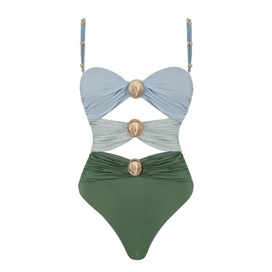 Costum de baie bikini întreg patchwork cu fustă pentru femei 2025, culoare uni