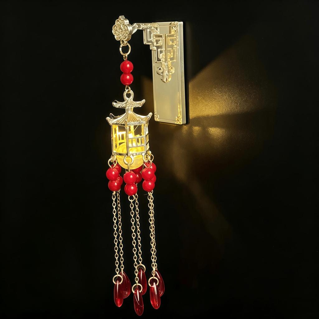 Ancient Style Luminous Lantern Refrigerator Magnet with Pavilion Tassel and Pearl Ornament