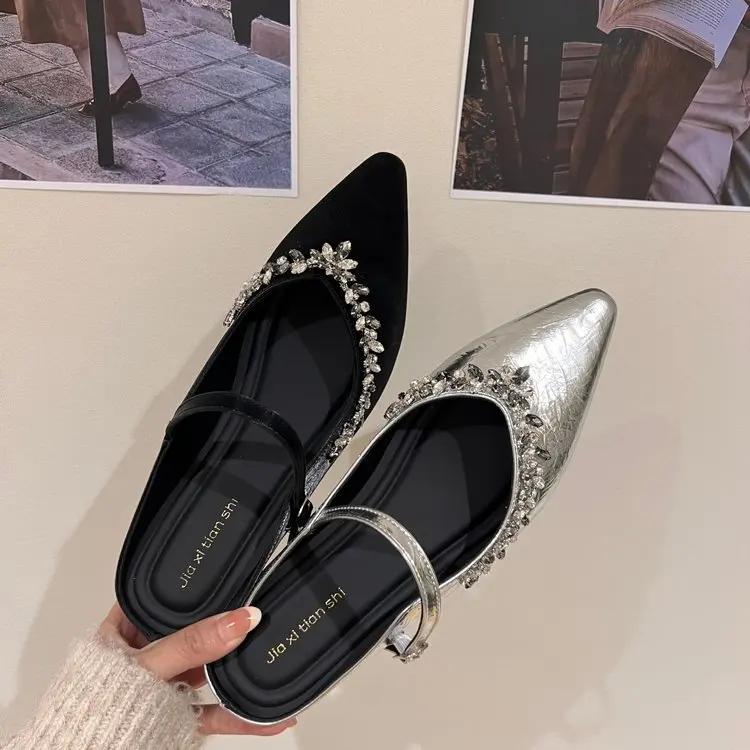 Fashion Silver Satin High Heels Pumps Summer Sandals Rhinestone Flat Strap Mid Shoes Spring Low Heels Slingbacks Female Shoes