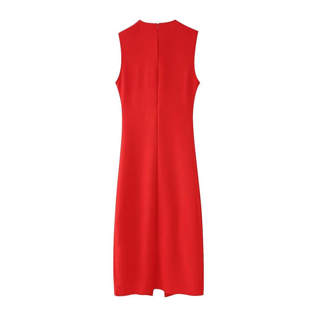European and American Women's Sleeveless Belted Midi Dress - Chic, Round Neck Style