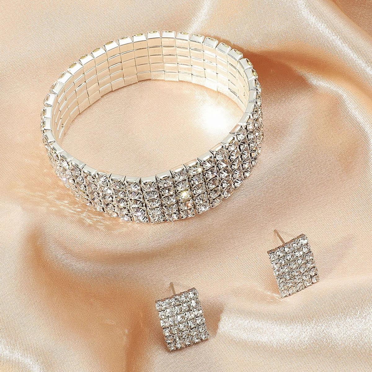 

Свадебные украшения, эластичный браслет-цепочка с бриллиантами, прямоугольные серьги, браслет. серебряный