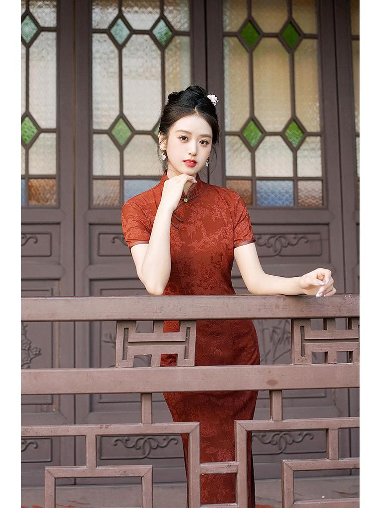 2025 Spring/Summer Red Cheongsam Long Dress - Chinese Style, Short Sleeve Performance Costume
