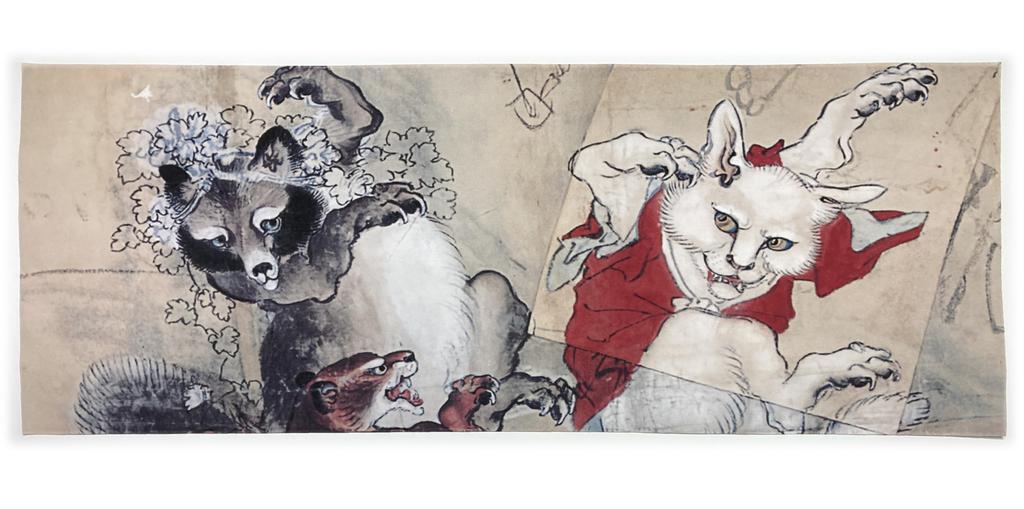 hand towel from all over the featuring Nekomata and Tanuki by Kyosai Choju Jinbutsu Giga and Haughty Ukiyo-e world, Kawanabe, (Choju Giga),