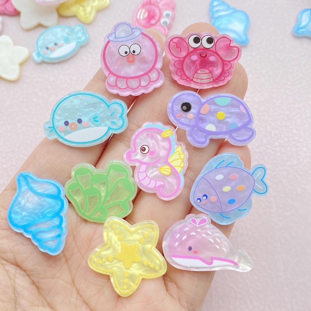 10Pcs New Cartoon Acrylic Crabs, Seahorses, Starfish Series Flat Back Cabochons Scrapbooking DIY Jewelry Craft Decoration