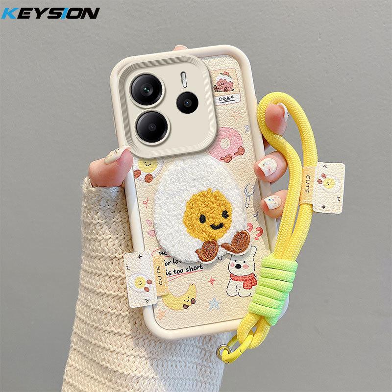 KEYSION Kreskówkowy Uroczy Pluszowy Haftowany Pokrowiec na Redmi Note 14 5G ze Smyczą Odporny na Wstrząsy Pokrowiec na Telefon dla Xiaomi Redmi Note 14 4G