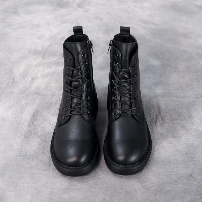 Johnature Schwarze kurze Stiefel im britischen Stil mit seitlichem Reißverschluss, vielseitige Damenstiefel aus echtem Leder mit weicher Sohle