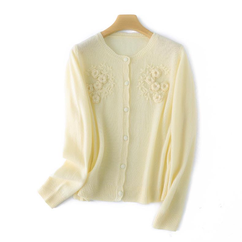 2025 Autumn French Chic 3D Round Neck Pure Wool Knit Cardigan