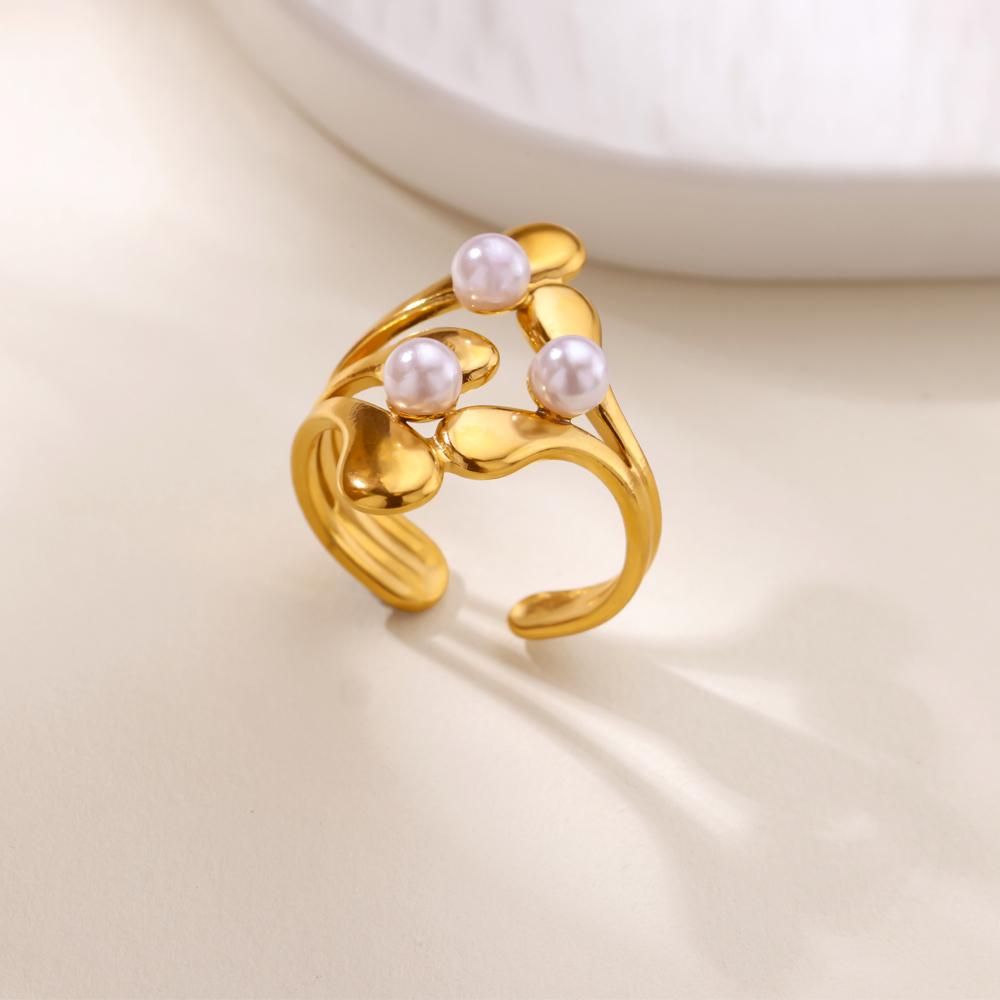 Dainty Heart Stainless Steel Rings Women Anti Fading Artificial Pearl Ring Aesthetic Golden Jewelry Vacation Accessories Gift