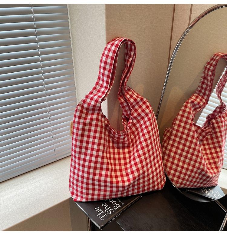 

Клетчатая холщовая сумка женская большой вместимости новая летняя универсальная на плечо сумка для покупок сумка-тоут для студенток красный