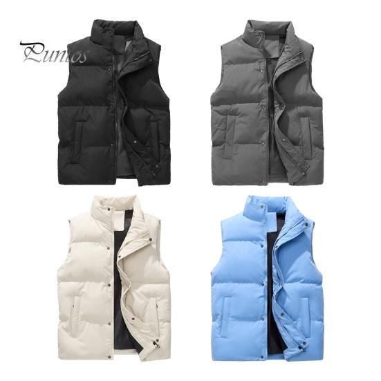 Men Windproof Vest Stand Collar Sleeveless Button Zipper Closure Waistcoat with Pockets Solid Color Thickened Down Vest Coat