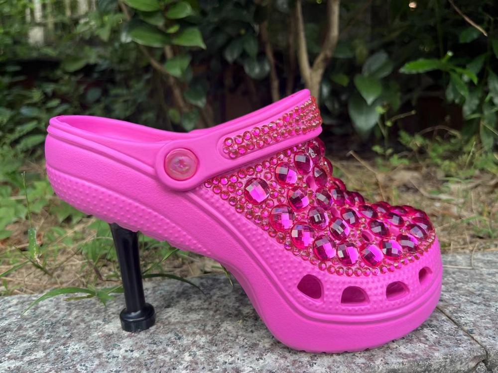 Fashion Designer High Heel Rhinestone Hollow Hole Hole Shoes Pearl Colored Diamond Fashionable Lazy Slippers Green Size 41 Women's Shoes