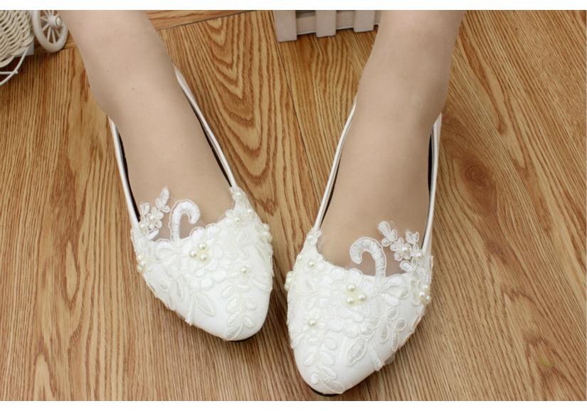 Zapatos de Boda de Encaje Blanco Plano - Talla Grande, Zapatos para Dama de Honor y Novia, Boca Baja, Zapatos Planos de PU para Mujer