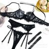 Sexy underwear French ultra-thin embroidered lace bra garter belt large size erotic underwear set