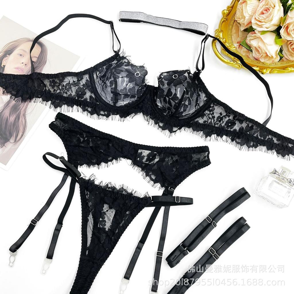 Sexy underwear French ultra-thin embroidered lace bra garter belt large size erotic underwear set