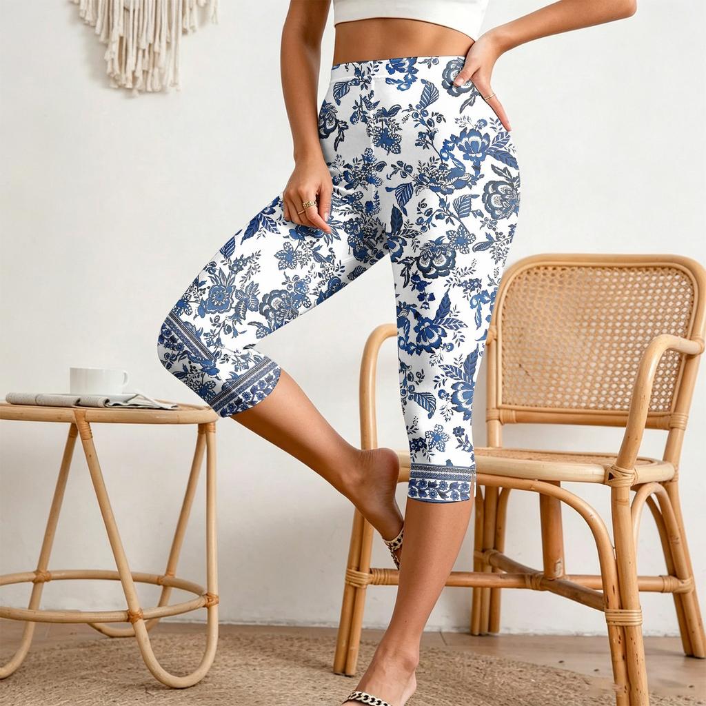 Women's Elastic Waist Casual Capri Pants Slim Fit Cropped Trousers with Side Slits and Geometric Pattern Design for Everyday Wear