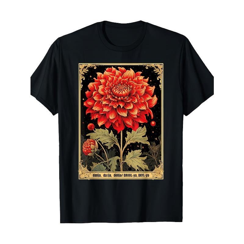 

European Size Women s Vintage Dahlia flower Print T-Shirt - Oversized Loose Fit Short Sleeve Round Neck Blouse, Casual Top, for all-Season S чёрный