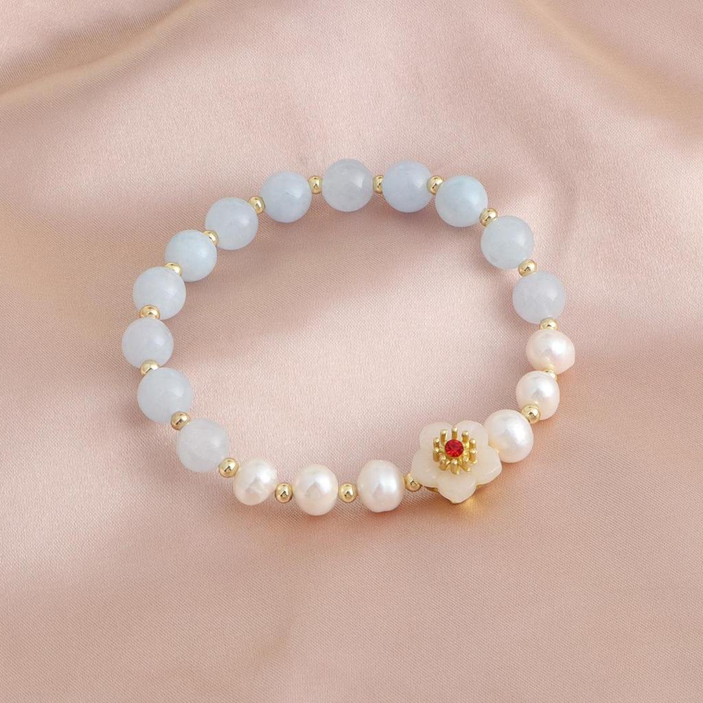 Natural Pearl & Rose Quartz Aquamarine Bracelet | Chinese Style Peach Blossom Jewelry