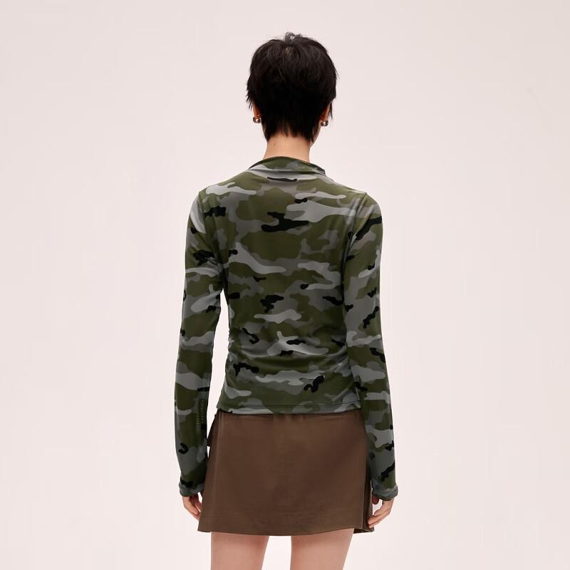 ONLY Women's 2024 Spring Semi-Sheer Camouflage Mock Neck Long Sleeve Tee