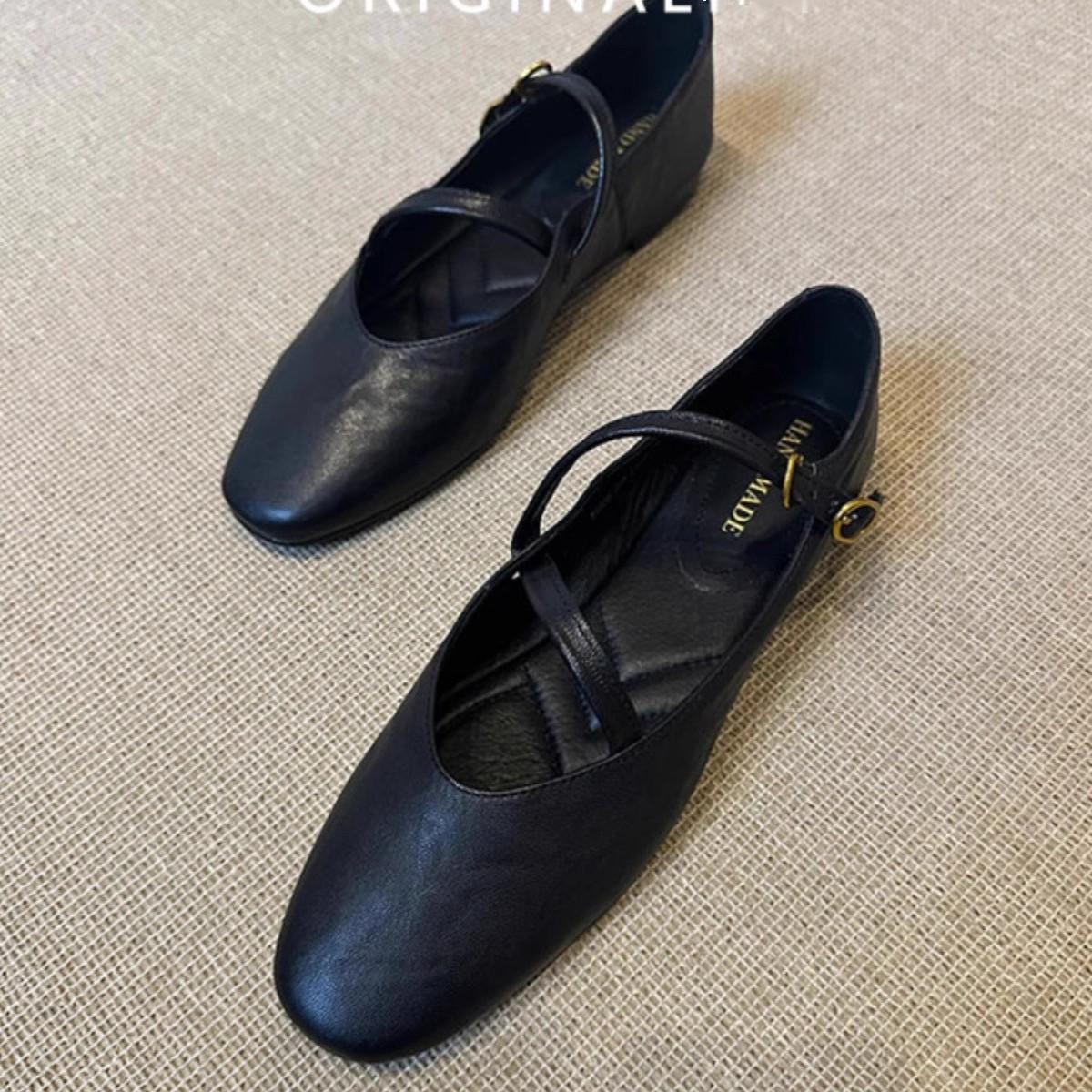 Весенние женские балетки Мэри Джейн Женская ретро подошва Кожаные балетки Элегантные туфли Повседневные неглубокие Удобные Одинарные туфли 39EU/CN40 чёрный