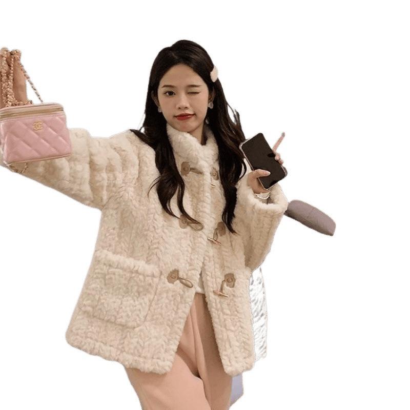 Lamb Wool Imitation Fur Jacket Women's Winter Short Cotton Thickened Loose Wool Plush Horn Buckle Round Neck Light