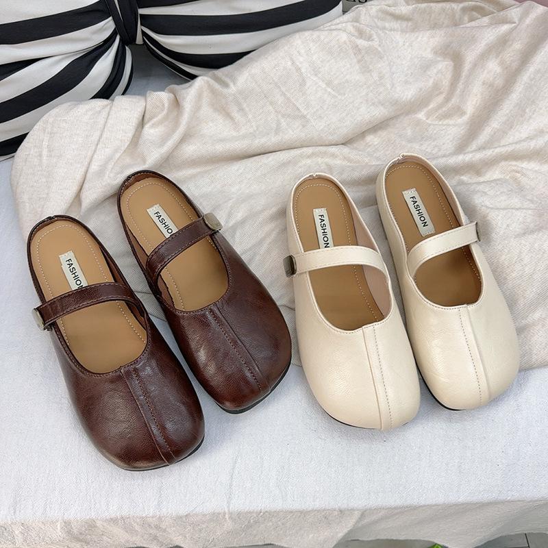 Summer fashion bag head half tray shoes girl 2025 new versatile fairy style square head flat bottom with skirt half slippers