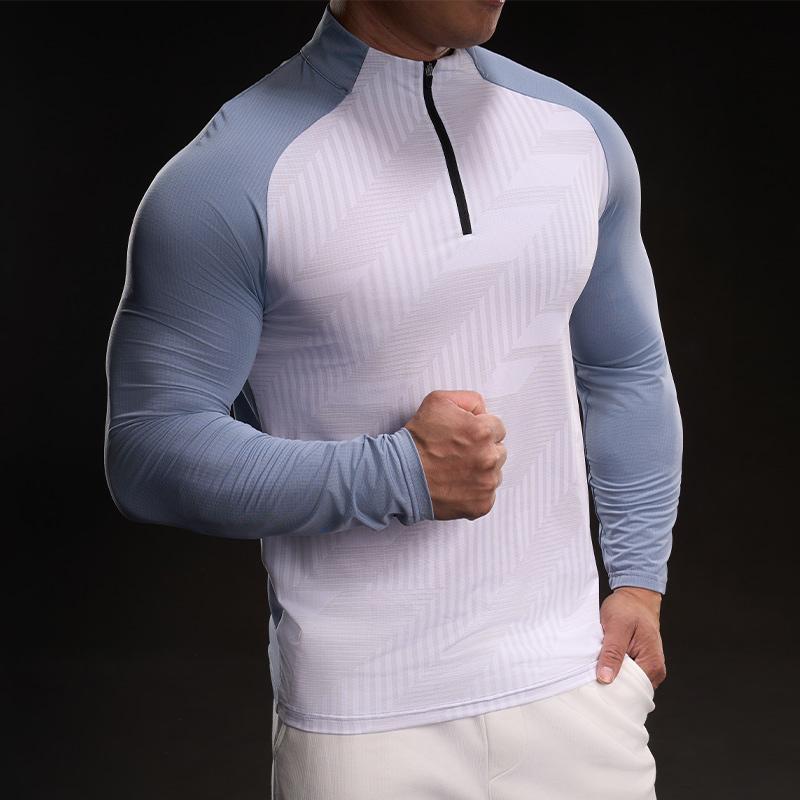 Semi-zipper Ragdoll Sleeves New Quick-drying Ice Silk Long-sleeved T-shirt Men's Casual Sports Elastic Fitness Outdoor T-shirt Top