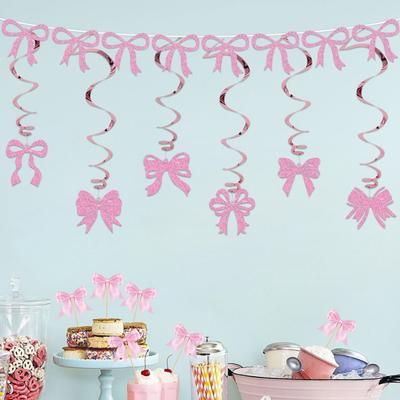 Bowknot Theme Pink Cake Toppers Gold Tassel Banner Party Decor Set Glitter Spiral Hanging Ornaments Girls