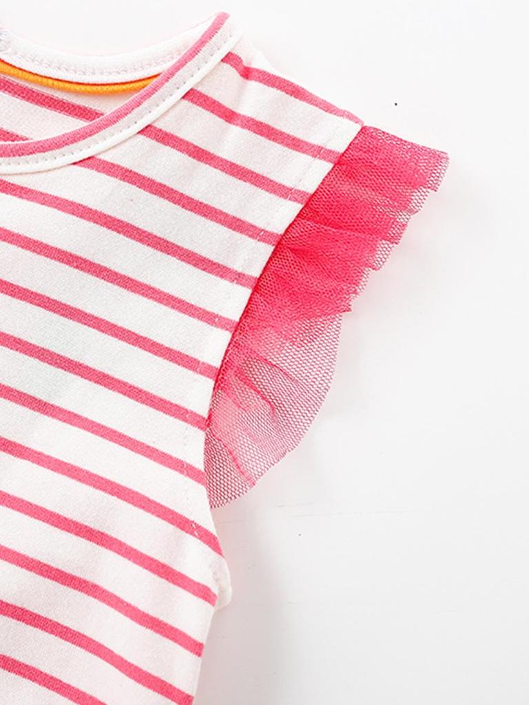 Girls' Cartoon Elephant Embroidered Striped Mesh Dress - Spring/Summer Short Sleeve