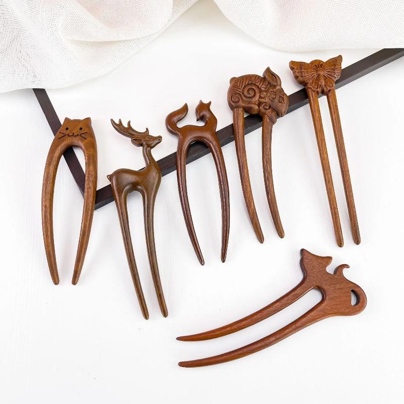 1pc Sandalwood U-shaped Hairpin Ancient Hair Stick Cute Cat Design for Hair Up Bathroom Accessories Women's Hair Claw Clip