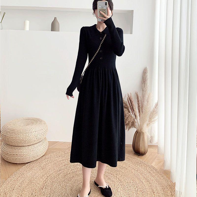 Mid-length Sweater Dress A Versatile Solid Color A-line Knitted Dress for Women Casual and Warm Pullover