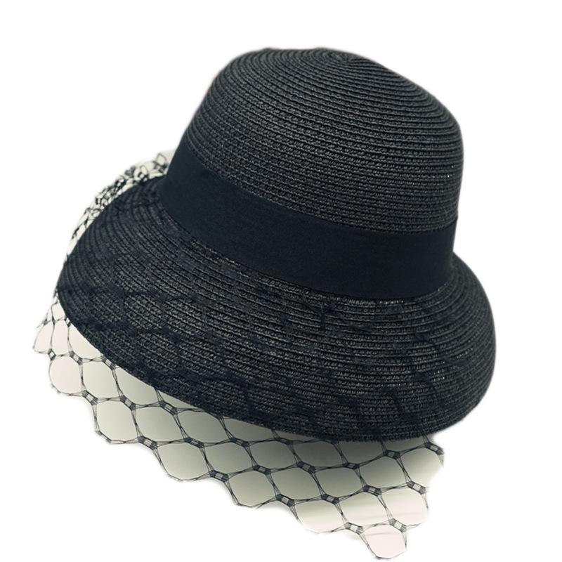French Elegant Retro Mesh Black Bell-Shaped Basin Hat Women'S Summer Sunshade Sunscreen Beach White Fisherman Top Hat Straw Hat