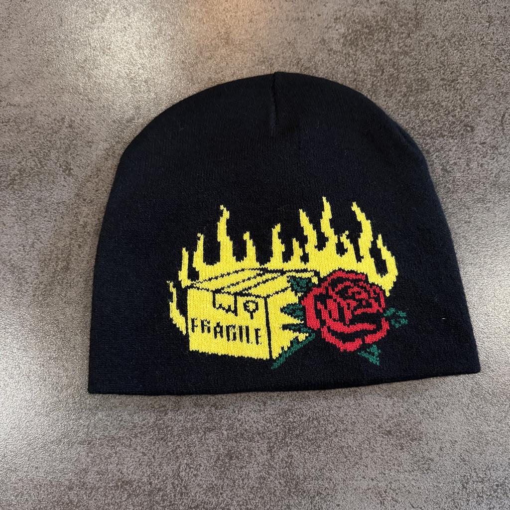 Knit Halloween Party Beanie With Flame Rose Pattern For Winter Outdoor Cycling