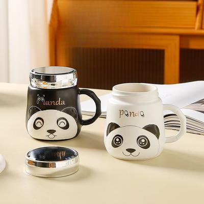 Cartoon Cute Relief Giant Panda Mirror Ceramic Cup Girls Drinking Cup with Lid Large Capacity Mug Office Cup
