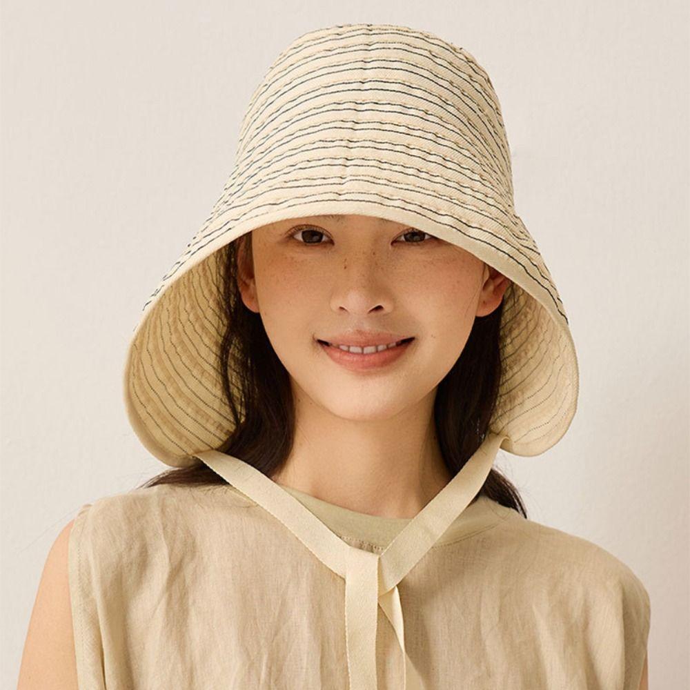 Ribbon Women Striped Fisherman Hat Wide Brim Bucket Hat Casual Sunscreen Visor Cap  Outdoor