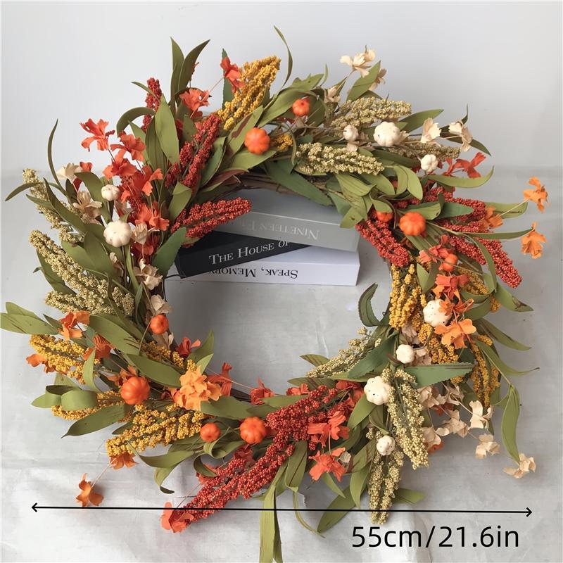 21.65-Inch Large Handmade-Style Autumn Wreath with Orange & Yellow Artificial Wheat, Pineapples, Chrysanthemums