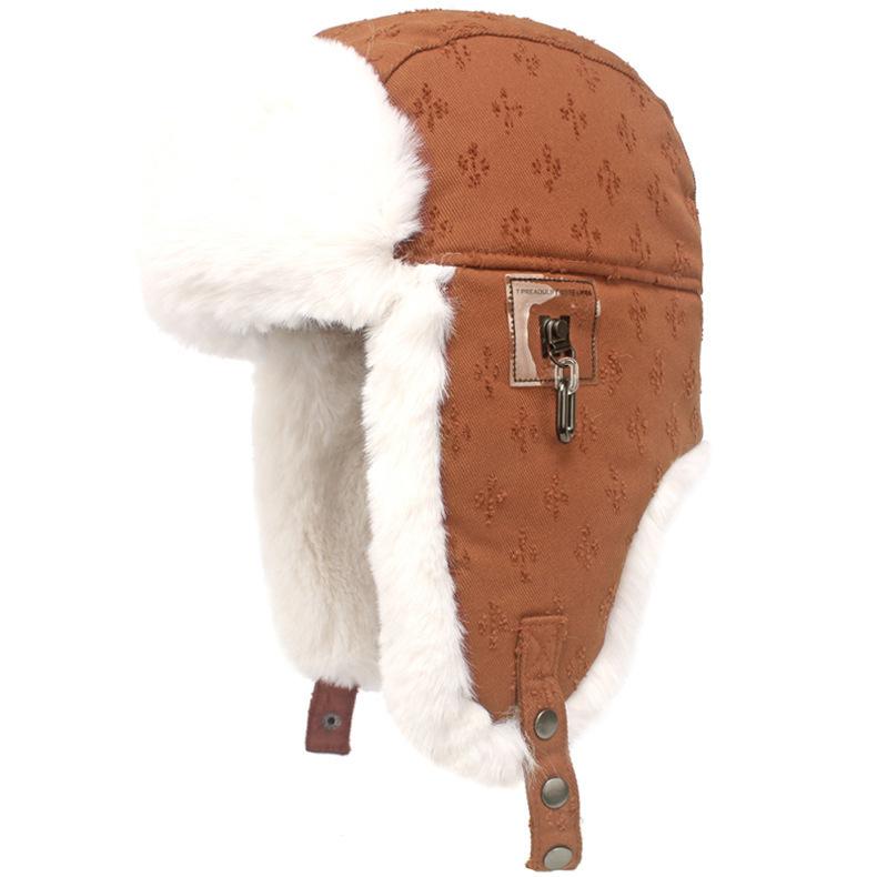 Trendy Cotton Hats for Men and Women In Winter Thickened Ear Protection Lei Feng Hat Windproof Velvet Thickened Cold-proof Chain Plush Flying Hat