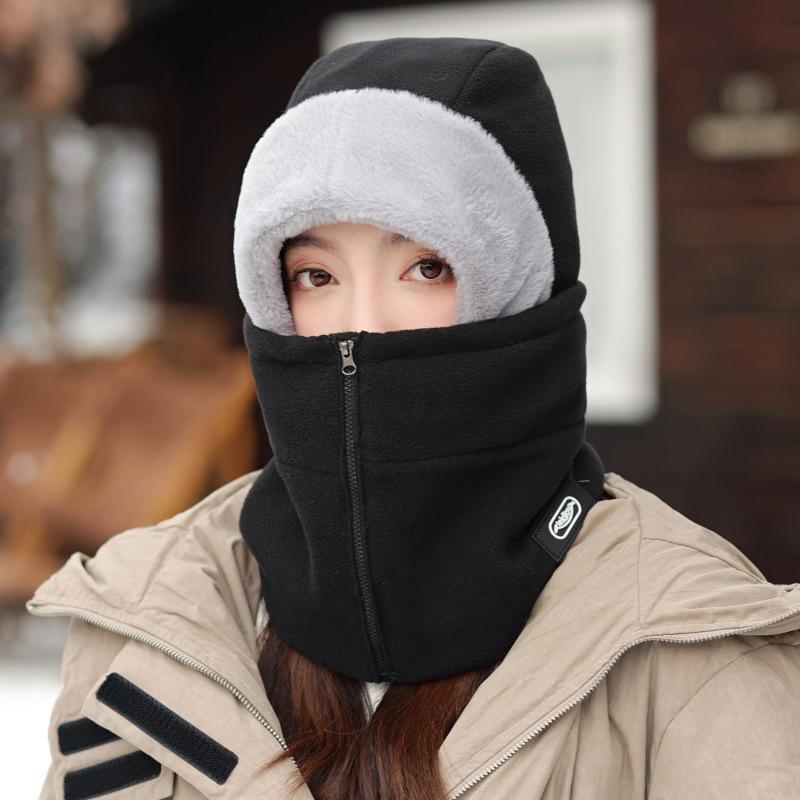 Autumn and Winter Headgear Female Cycling Warm Electric Vehicle Windproof Mask Integrated Fleece Ear Protector Pullover Cap