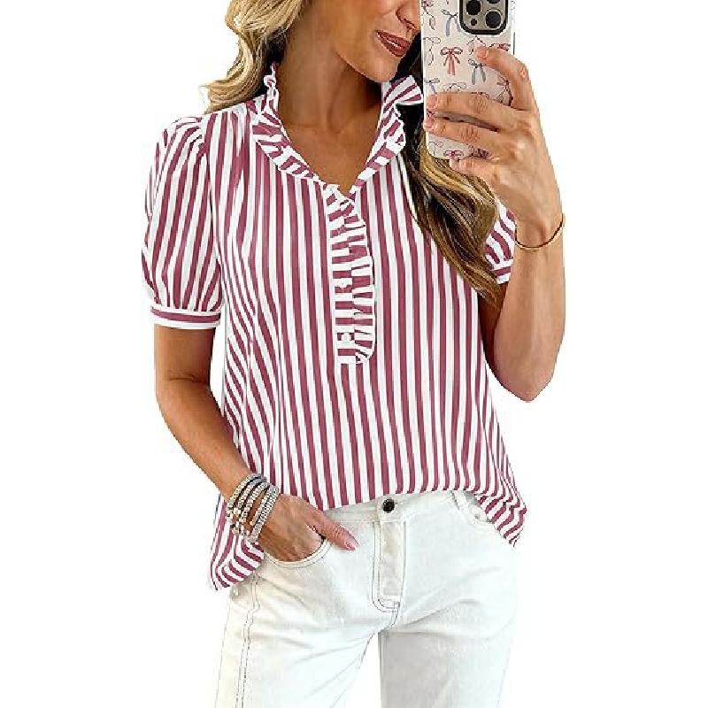 2026 Summer Top Striped Plaid Ruffle Puff Short Sleeve V-Neck Button Women's Casual Shirt