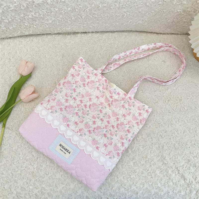 Cute Girl Print Splicing Bag New Tote Student Commuter Shoulder Bag Portable Canvas Bag